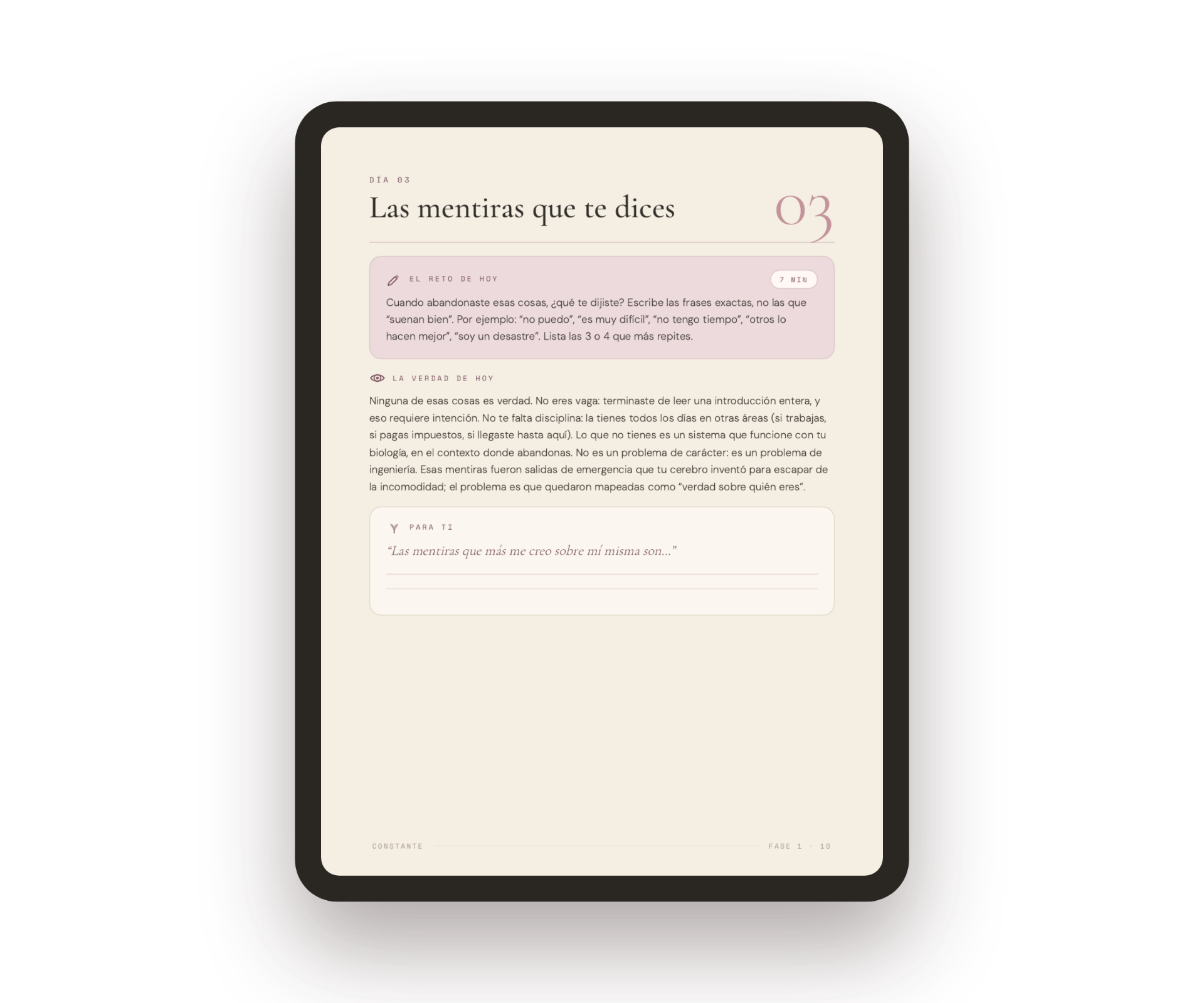 Página Día 03 — Las mentiras que te dices, vista en tablet